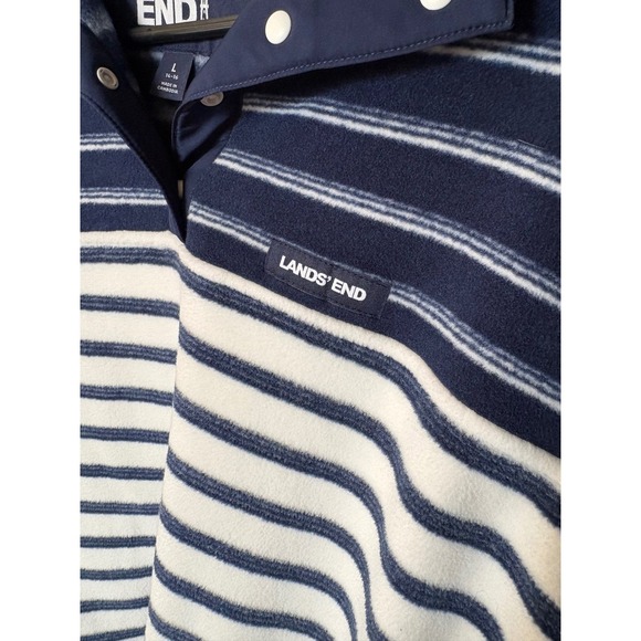 Lands End Womens Navy White Striped Fleece Snap Neck Pullover Sweatshirt Large - Picture 2 of 6